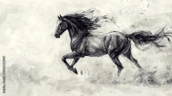 Fototapeta   Black & white horse drawing on white-grey backdrop with splash of paint on left side