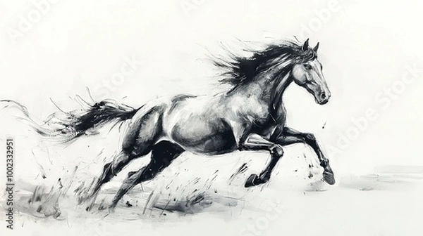 Fototapeta   Black and white image of a galloping horse amidst a field of swaying green blades Hair billows gracefully behind the creature's dynamic form