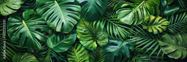 Fototapeta Lush green leaves create vibrant and tropical atmosphere, showcasing variety of textures and shapes that evoke sense of tranquility and natural beauty