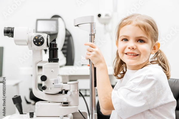 Fototapeta In a modern ophthalmology clinic, an ophthalmologist checks a little girl's vision using a binocular slit lamp in close-up. An example of contemporary techniques for children's vision correction.