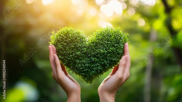 Obraz Hands holding a heart-shaped bundle of green moss with fresh leaves in a sunlit forest setting, symbolizing love for nature and sustainability