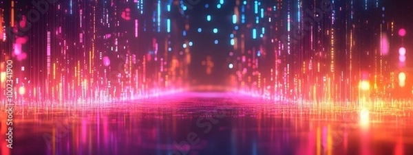 Fototapeta Abstract digital background with colorful glowing lines and futuristic elements, representing technology in a data center or internet network concept