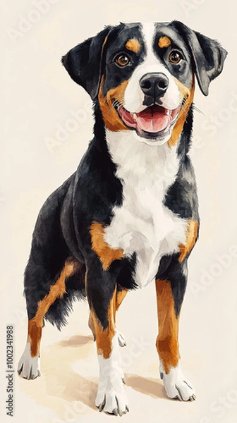 Obraz An Entlebucher Mountain Dog is depicted in a playful stance, with its tail wagging energetically