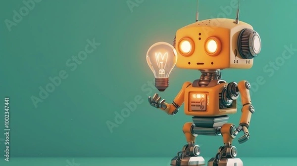 Fototapeta A cute, cartoon robot holds a glowing lightbulb.