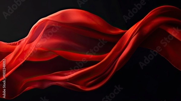 Fototapeta Red silk scarf flow in front of black background. Abstract fabric curve flying on dark backdrop. Elegant fashion and beauty magazine mockup design.with generative ai