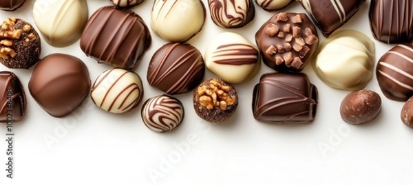 Fototapeta Assorted Delicious Chocolate Candies Collection Top View on White Backround, Sweet Food Frame