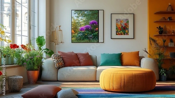 Fototapeta Stylish living room with a round ottoman, fresh floral arrangements, and colorful decor, creating a lively yet cozy atmosphere. Home decor and mock up poster frame,