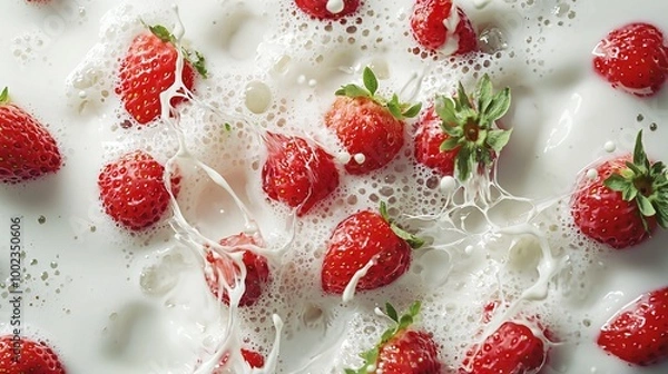 Fototapeta   A strawberry cluster resting atop a white table with milk spills & sprinkles
