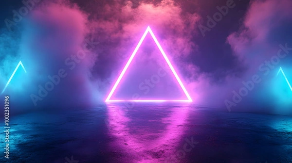 Fototapeta Neon Triangle Abstract Background with Smoke and Reflections