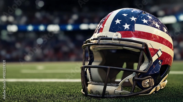 Fototapeta American football field stadium lights helmet and ball touchdown background