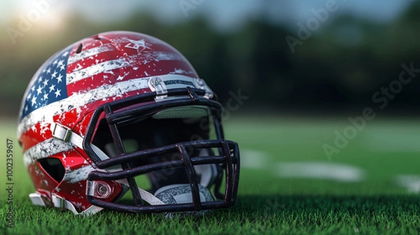 Fototapeta American football field stadium lights helmet and ball touchdown background