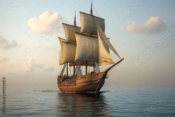Obraz Wooden sailing ship with large sails in the open sea 