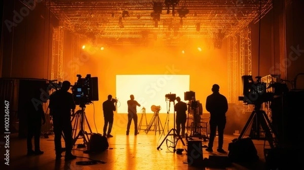 Fototapeta Crew silhouetted against a brightly lit film set, adjusting equipment and preparing for a video shoot in a large production studio.