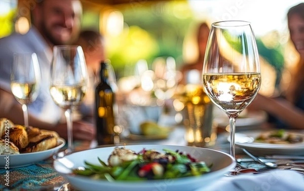 Fototapeta A beautifully arranged dining table with glasses of white wine and a fresh salad, set in a warm, inviting atmosphere.