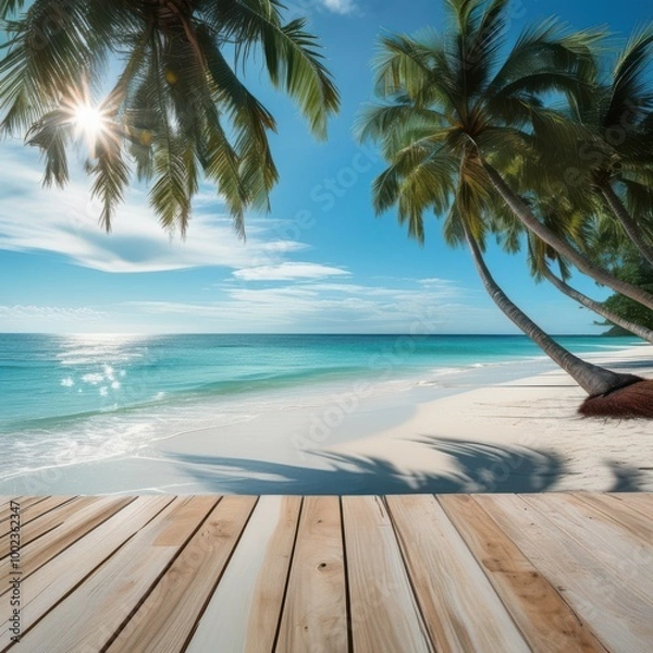 Obraz Idyllic tropical beach paradise with inviting wooden platform, perfect for showcasing summer products