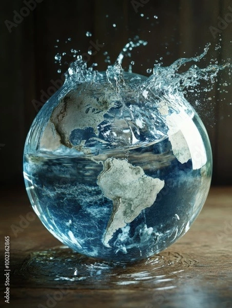Fototapeta Leaking Water. Smashed Globe with Water Spilling Out, Concept of Environmental Damage