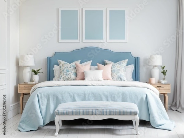 Fototapeta Blue bench in front of patterned bed with pastel cushions in white bedroom interior with empty frame