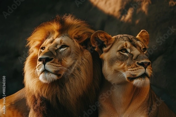Fototapeta Lion and Lioness in the Wild: Majestic Pair of Predatory Cats in Natural Habitat