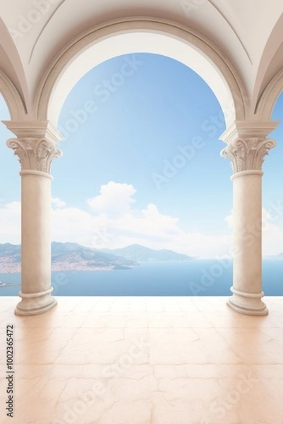 Obraz A Serene Coastal View From an Elegant Arched Balcony Overlooking the Ocean on a Sunny Day
