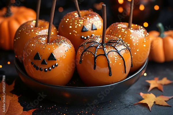 Fototapeta Caramel apples designed for Halloween are placed in a black bowl, featuring jack-o-lantern faces and spider webs, illuminated warmly and surrounded by vibrant fall leaves