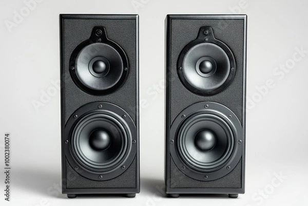 Fototapeta Two Sleek Black Speakers Stand Side by Side, Showcasing a Stylish Design