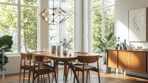 Fototapeta A sophisticated dining room featuring a mid-century modern table with sleek wooden chairs