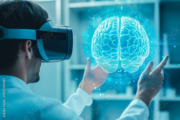 Fototapeta A human wears VR glasses and touches a brain hologram. The concept of the intersection of virtual reality and neuroscience. The exploration of the human mind. Generative AI.