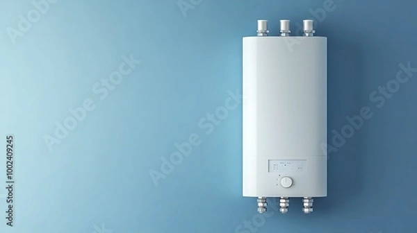 Fototapeta A white water heater with a digital display and a knob on a light blue wall.