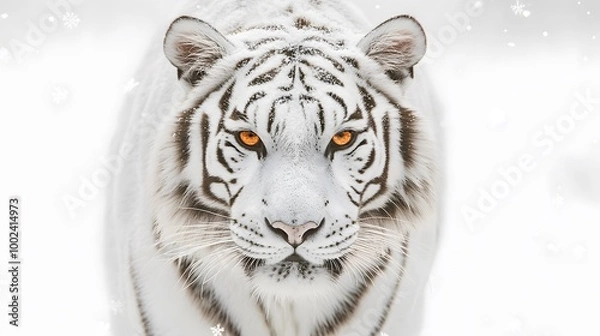 Fototapeta White tiger, white background, orange eyes, symmetrical composition, symmetrical close-up photo of face