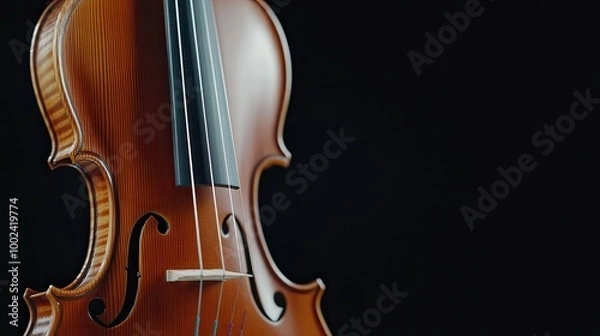 Fototapeta In a detailed close-up, the violin's fingerboard and strings are highlighted against a dark backdrop, with soft musical notes subtly enhancing the atmosphere of this serene setting