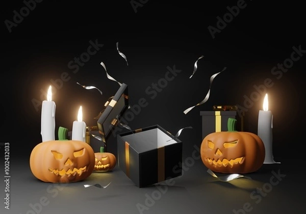 Fototapeta Podium minimal scene 3d with candle and podium Halloween platform. Halloween background with pumpkin podium. stand to show products. Stage Showcase on pedestal display stand.  3D render