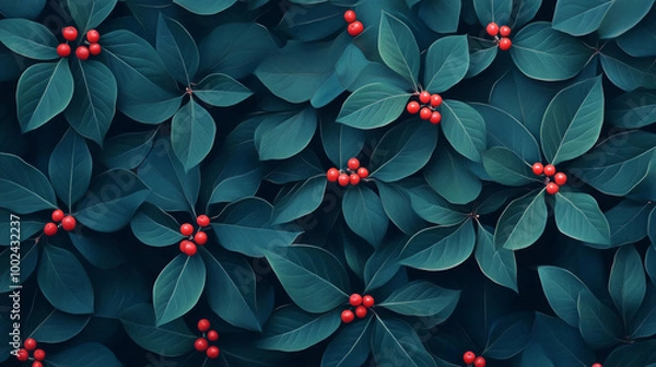 Fototapeta Elegant seamless pattern of vibrant red berries and green leaves against a dark background, perfect for nature-inspired designs or holiday-themed visuals.
