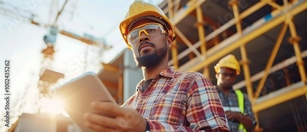Obraz A construction worker using a tablet on a building site during sunset.