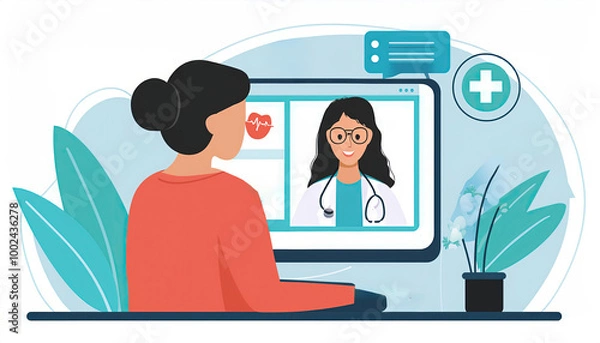 Fototapeta Patient engaging in online consultations with medical specialists at home, illustration generated AI