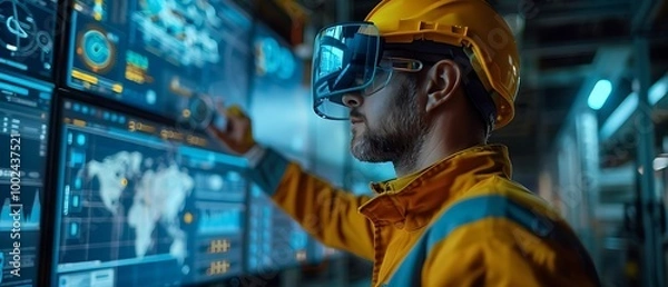 Fototapeta A worker in a helmet using virtual reality technology to analyze data on screens.