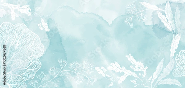 Obraz Luxury invitation card background on a marine theme with seaweed on a blue watercolor background. Abstract art background, cover template. Vector design with space for text.