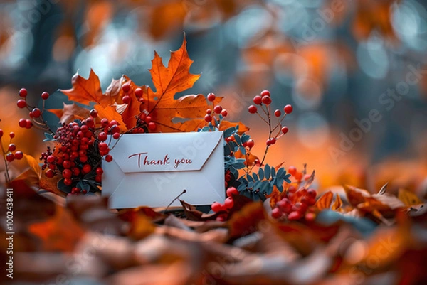 Fototapeta A stunning image of a white envelope with a handwritten thank you note, surrounded by vibrant autumn leaves and red berries, perfect for celebrating Thanksgiving and expressing gratitude
