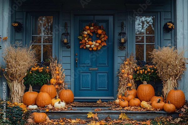 Fototapeta A charming blue house decorated for Halloween features vibrant pumpkins lining the porch. A stunning autumn wreath hangs on the door, while dried plants enhance the seasonal atmosphere, inviting all