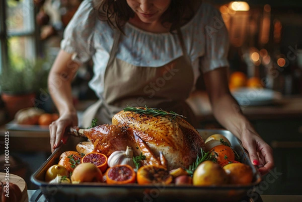 Fototapeta A young woman in a stylish apron is removing a perfectly roasted turkey from the oven. The turkey is beautifully surrounded by colorful fruits and vegetables, ready for a festive meal