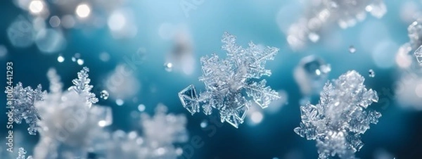 Fototapeta Close-up of snowflakes on ice, arranged in an artistic pattern with various shapes and sizes