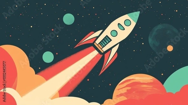 Fototapeta Retro-Futuristic Banner with Rocket Ship and Atomic-Age Pastel Aesthetics
