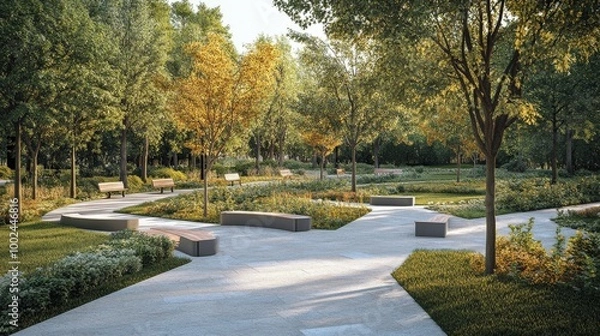 Fototapeta A dynamic shot of a park with socially distanced seating areas and walking paths