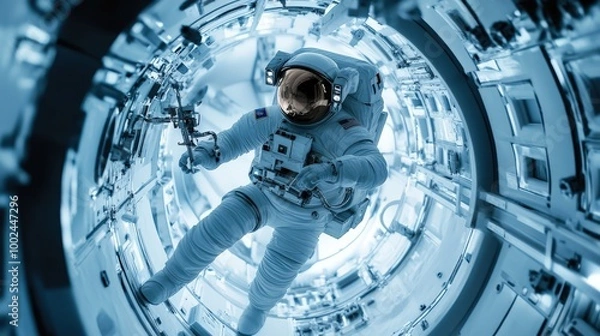 Fototapeta A dynamic shot of an astronaut conducting a space architecture experiment in a microgravity environment
