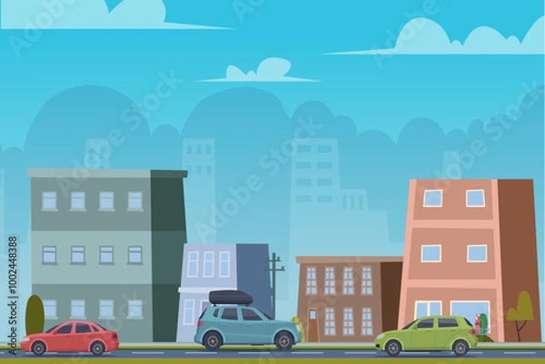 Fototapeta city outdoor. urban landscape background with houses and cars driving on road