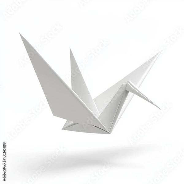 Fototapeta Floating origami crane, paper texture, isolated on white background, 3D illustration