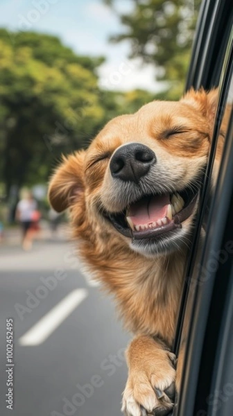 Fototapeta Happy Dog Enjoying a Car Ride with Head Out of Window