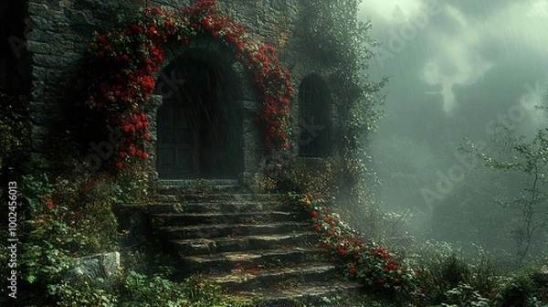 Fototapeta Stone Steps Leading to a Mysterious Doorway in a Foggy Forest