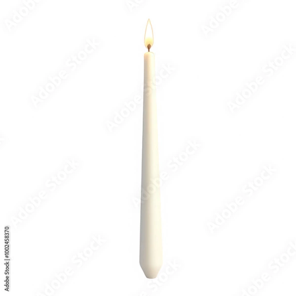 Fototapeta A white candle is lit and stands upright on a white background