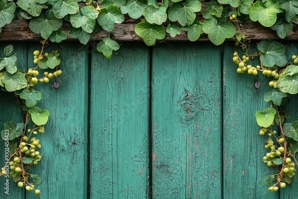 Fototapeta Weathered Green Wooden Door Frame with Green Vines and Yellow Berries