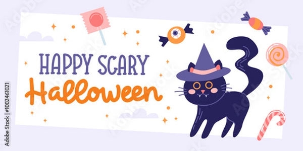 Fototapeta Trick or treat cover or card design. Cute black cat and pumpkin and hand drawn calligraphy. Vector illustration template